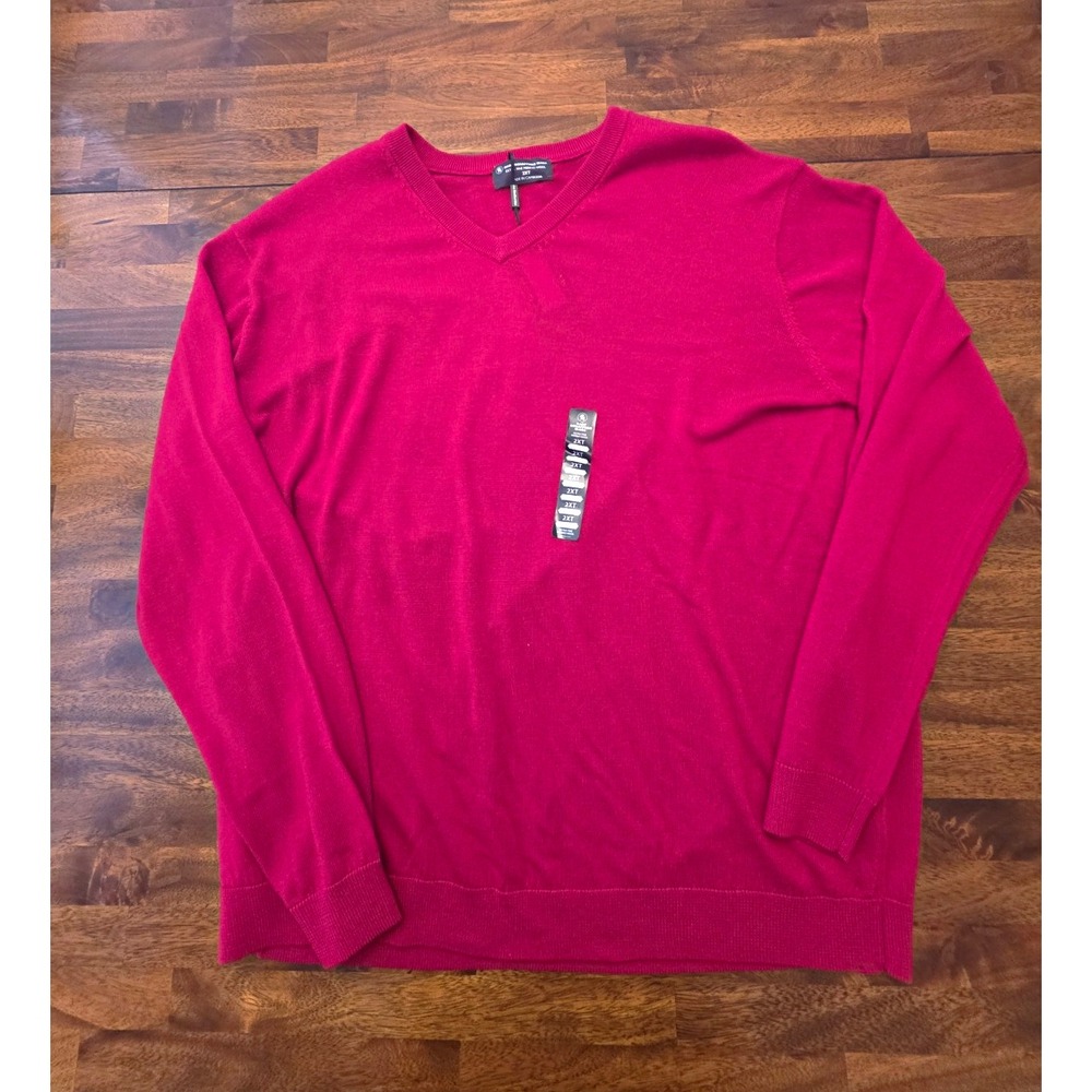 Hart Schaffner Marx Mens 2XLT Red Merino Wool Knit V-Neck Pullover Sweater 043